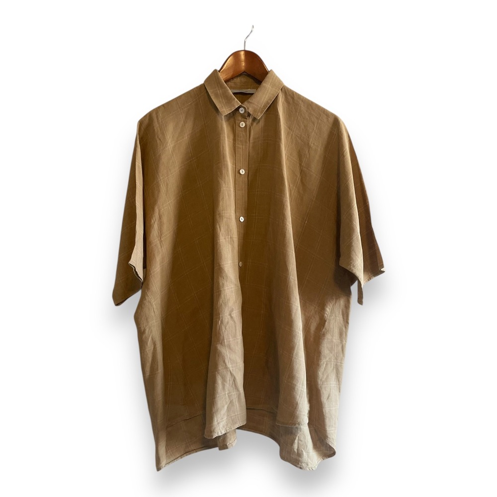 Dusan Italy 100% Linen Tan Windowpane Check Short Sleeve Button Up Shirt Boxy M